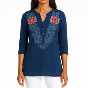 Johnny Was Peasant Style Tunic Top Blouse Floral Embroidery Blue Pockets Size XS
